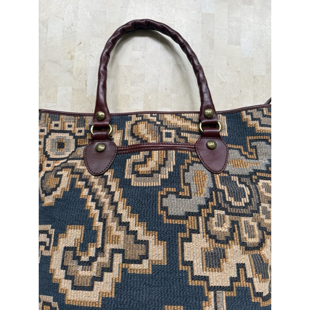 Patricia Nash Peruvian Tapestry Sungaro Tote Blue Tan Leather Brass Boho Tribal - Picture 10 of 16